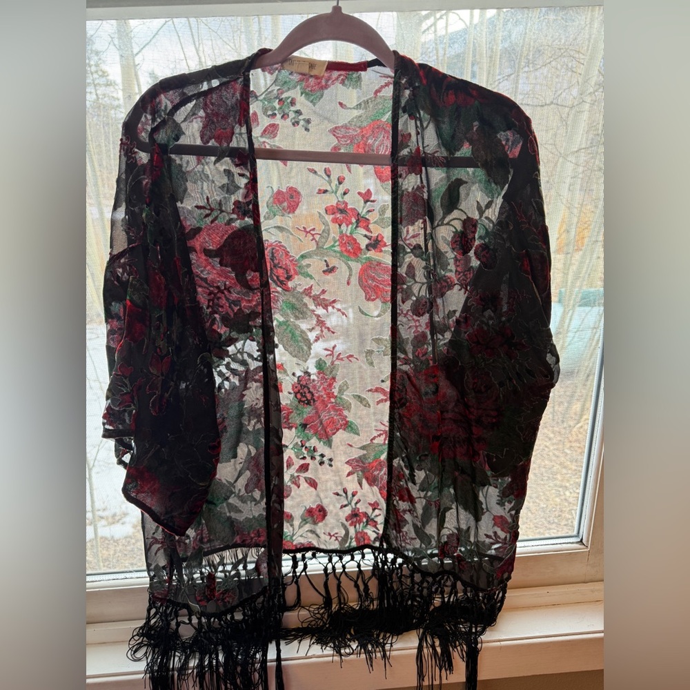Taylor & Sage Red and Green Sheer Floral Kimono